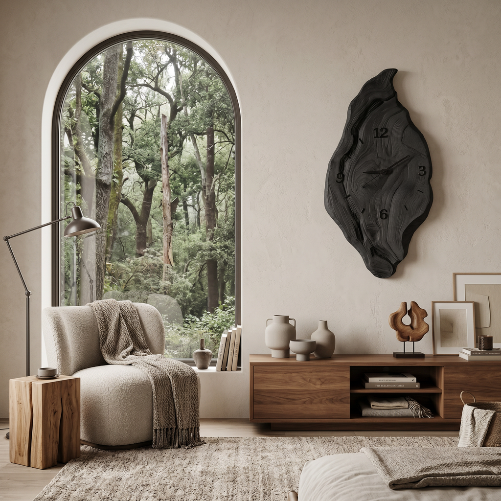 Rustic Wall Clock with Live Edge Design, Handcrafted Organic Solid Wood Silent Round
