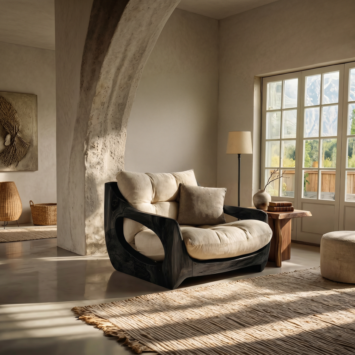 Organic Lounge Chair with Cushions, Carved Wood Frame Accent Seating
