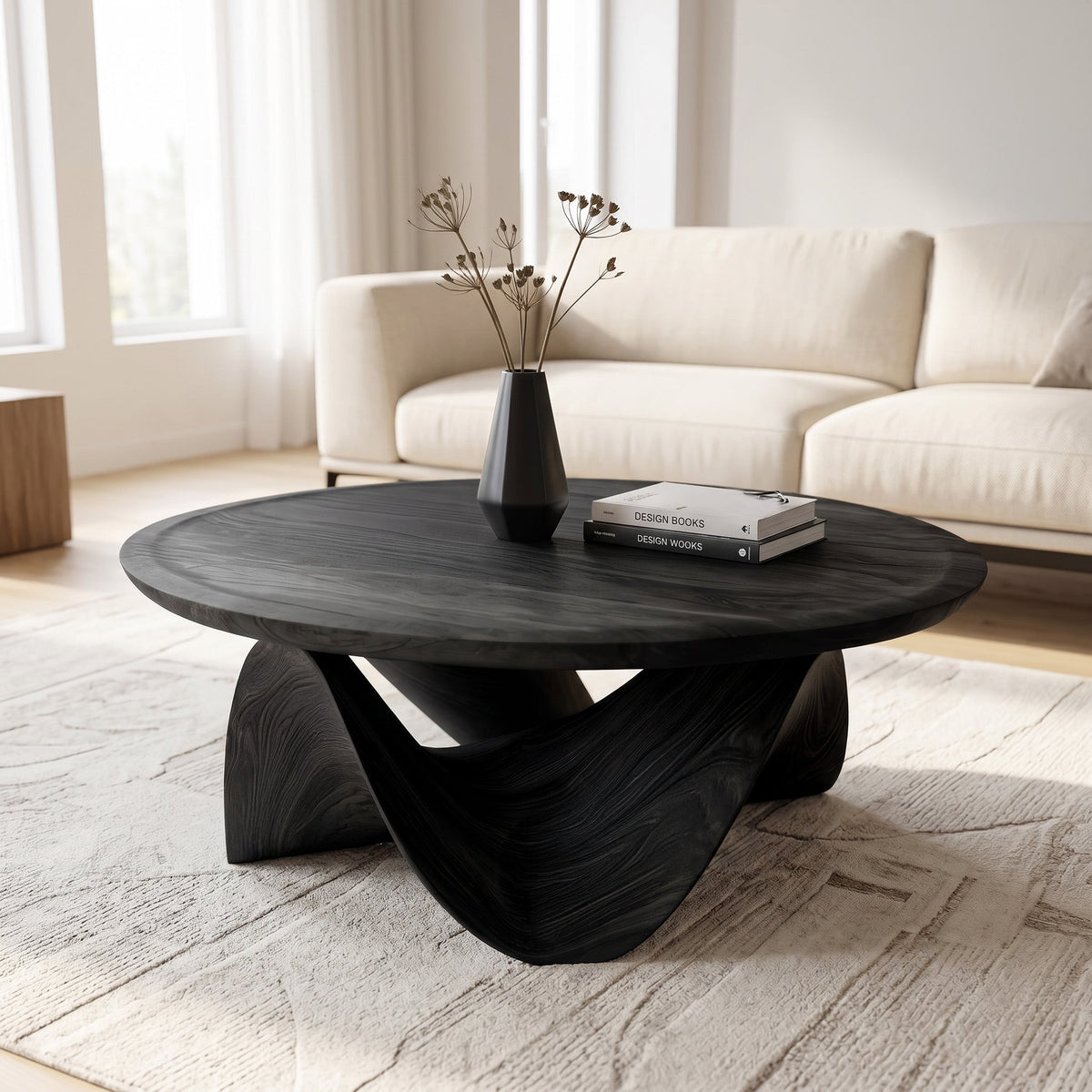 Round Coffee Table, Sculptural Solid Wood Low Table for Living Room