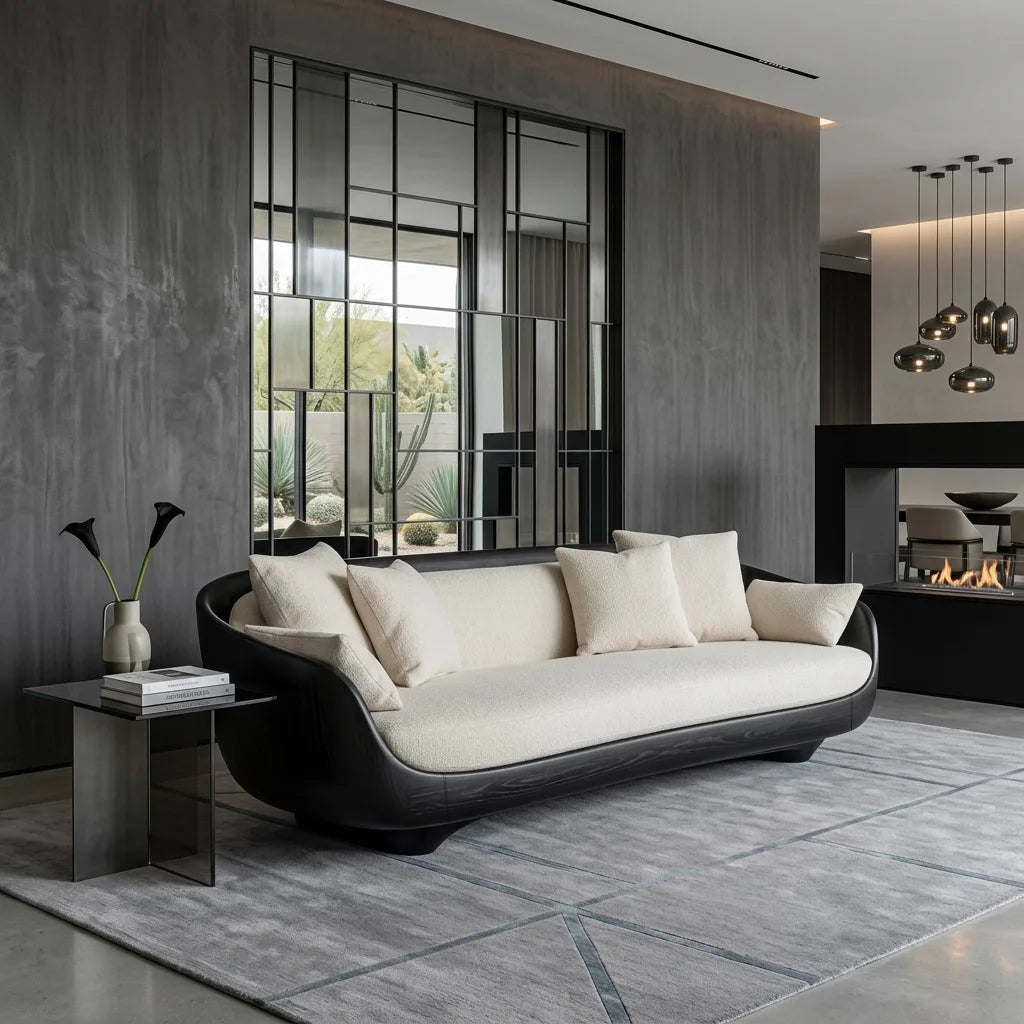 Contemporary Curved Wooden Sofa With Upholstered Seat For Living Room