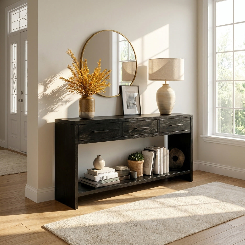 Console Table With Drawers, Solid Wood Entryway Table