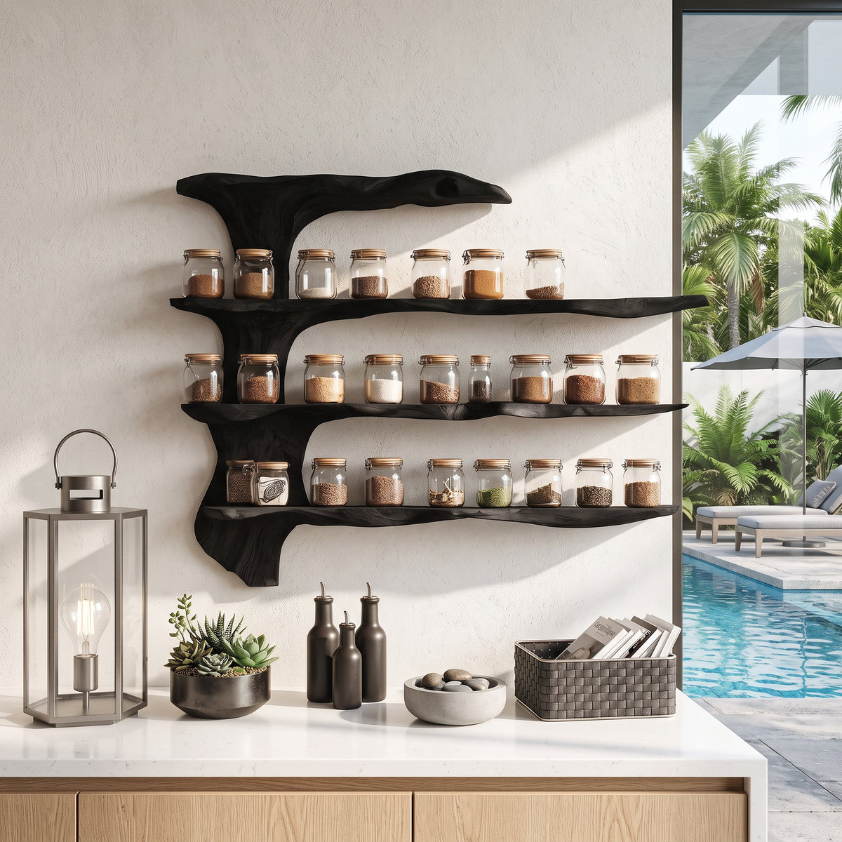 Kitchen Spice Rack Cabinet, Mid Century Monkeypod Wood Wall Storage