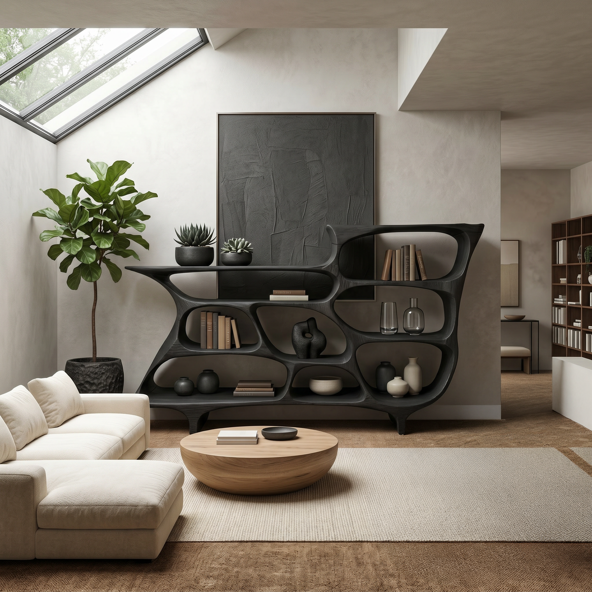 Contemporary Organic Bookshelf With Open Shelves For Living Room Or