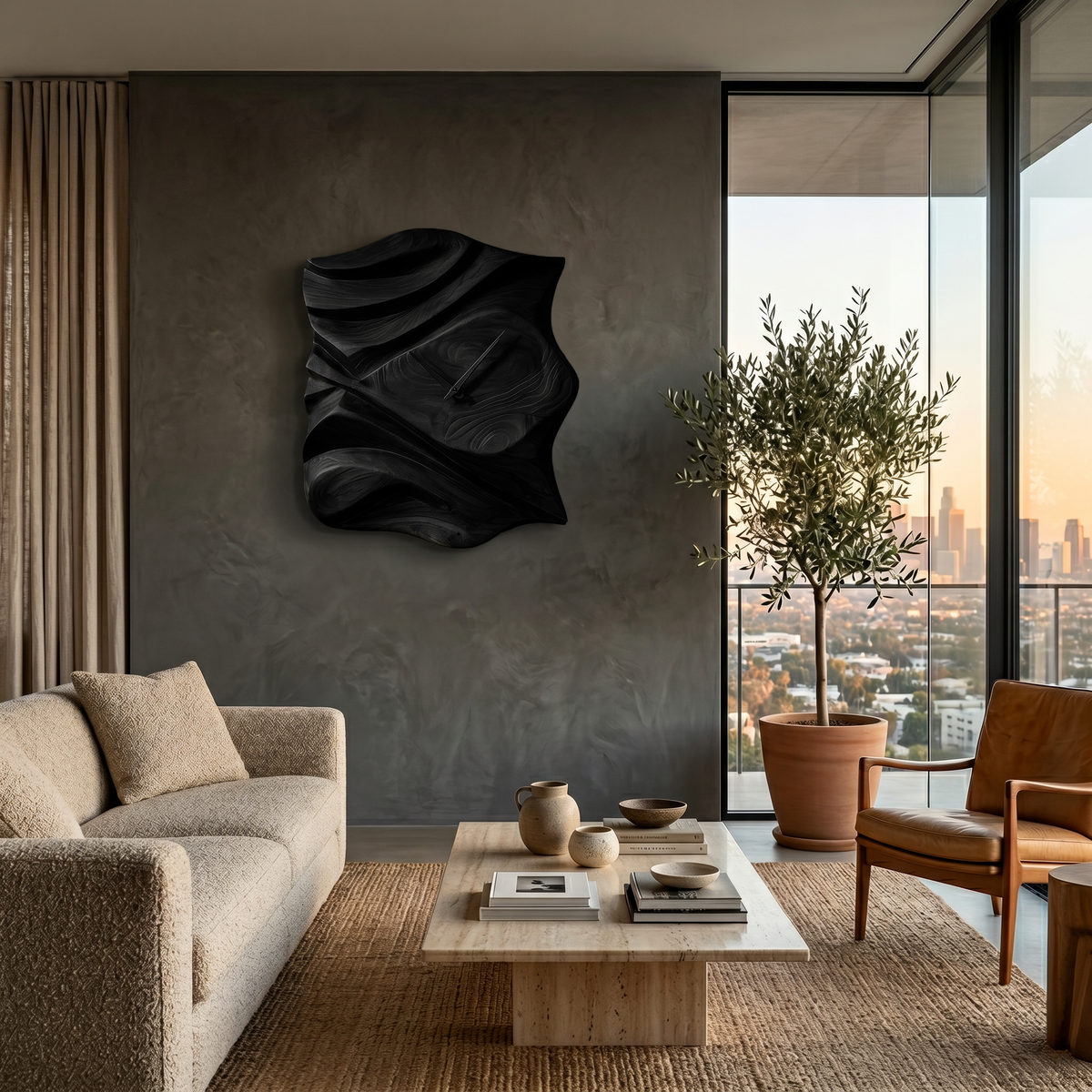 Contemporary Wooden Wall Clock, Hand-Carved Abstract Wave Wood Accent Clock