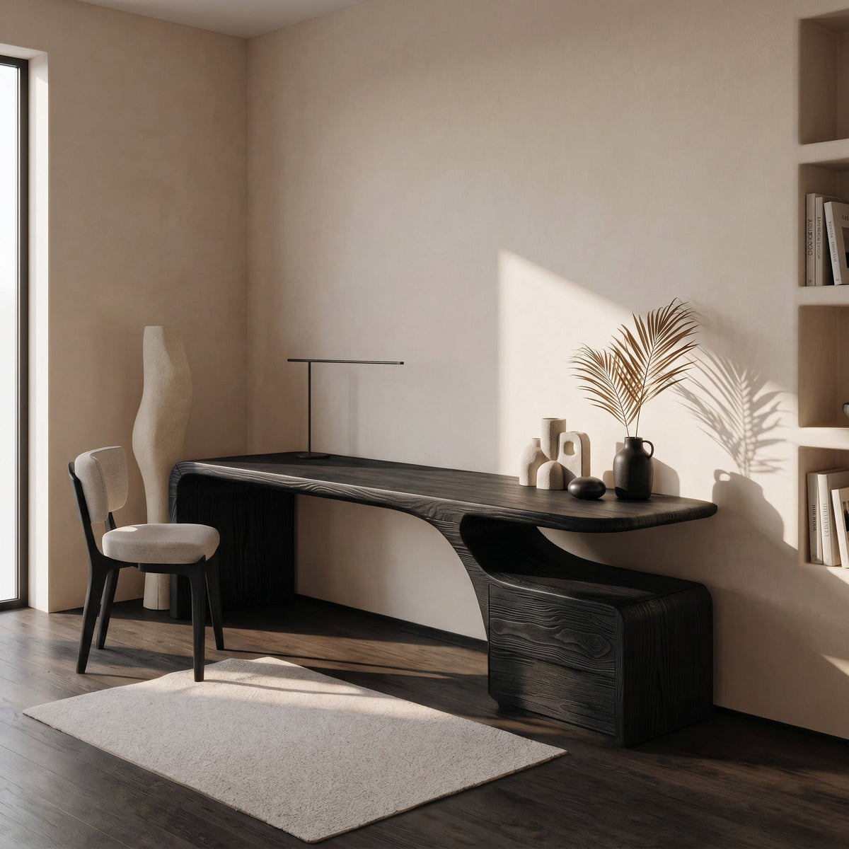 Organic Wood Desk with Drawers, Curved Home Office Writing Table