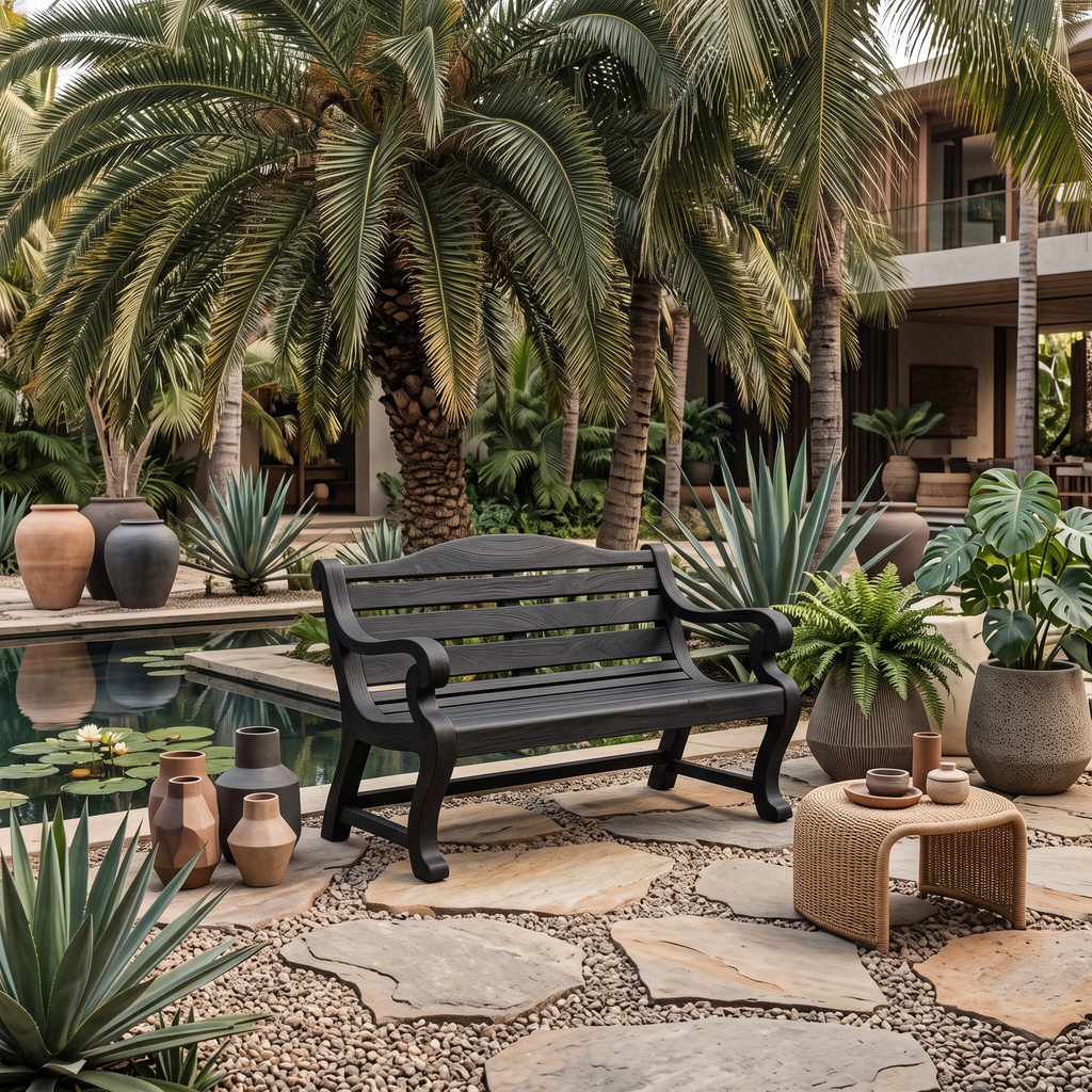 Classic Curved Wood Garden Bench With Sculpted Arms For Patio Or