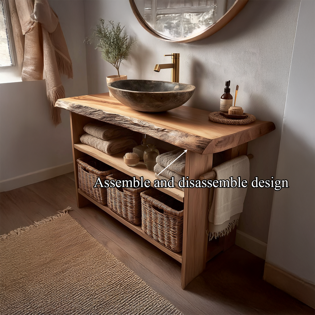 Rustic Bathroom Vanity with Open Storage, Live Edge Reclaimed Wood