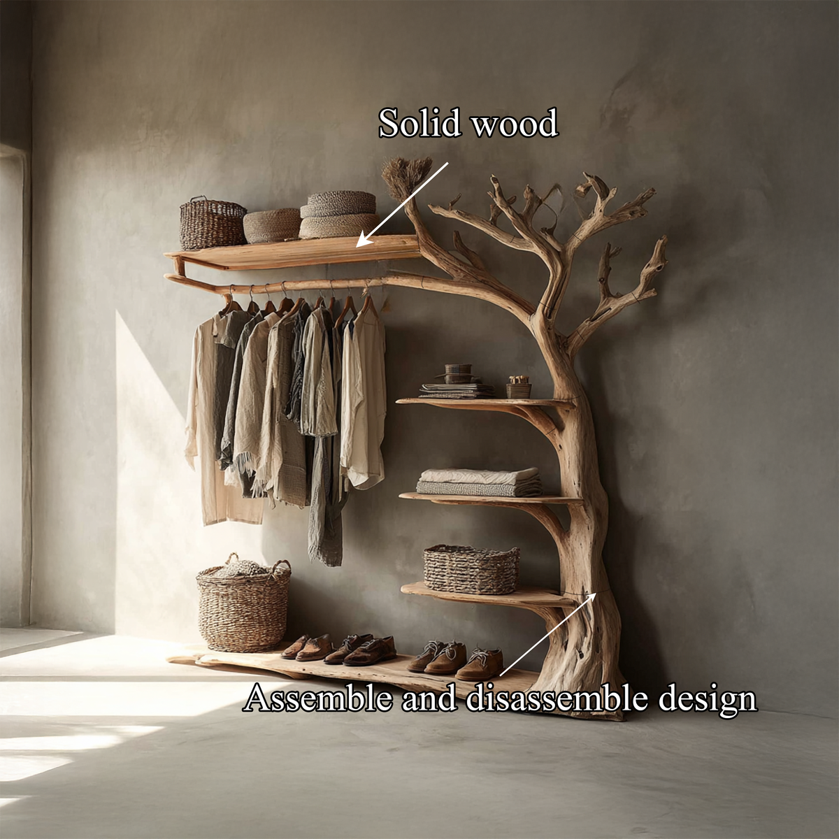 Tree Coat Rack with Shoe Shelf, Live Edge Entryway Hall Tree