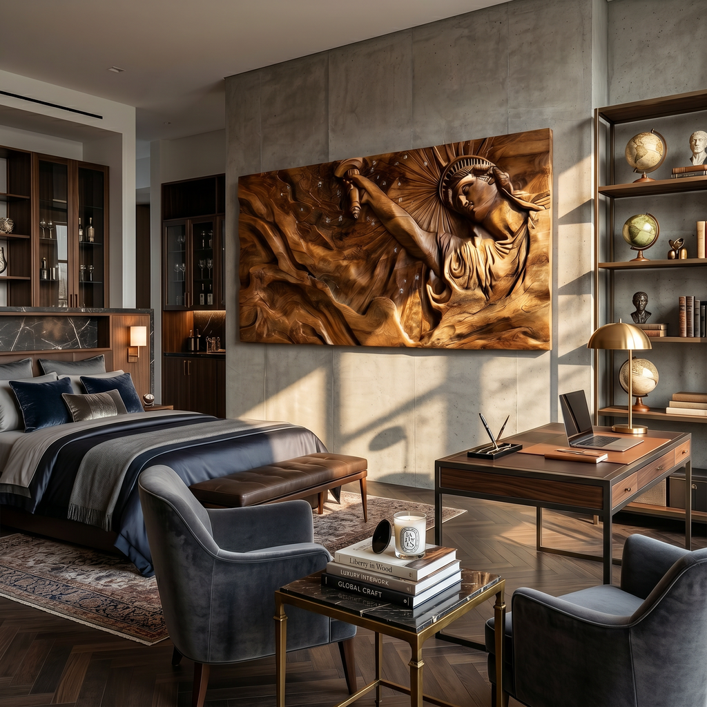 Contemporary Luxe Liberty Wood Wall Art Reception Lobby Interior Design