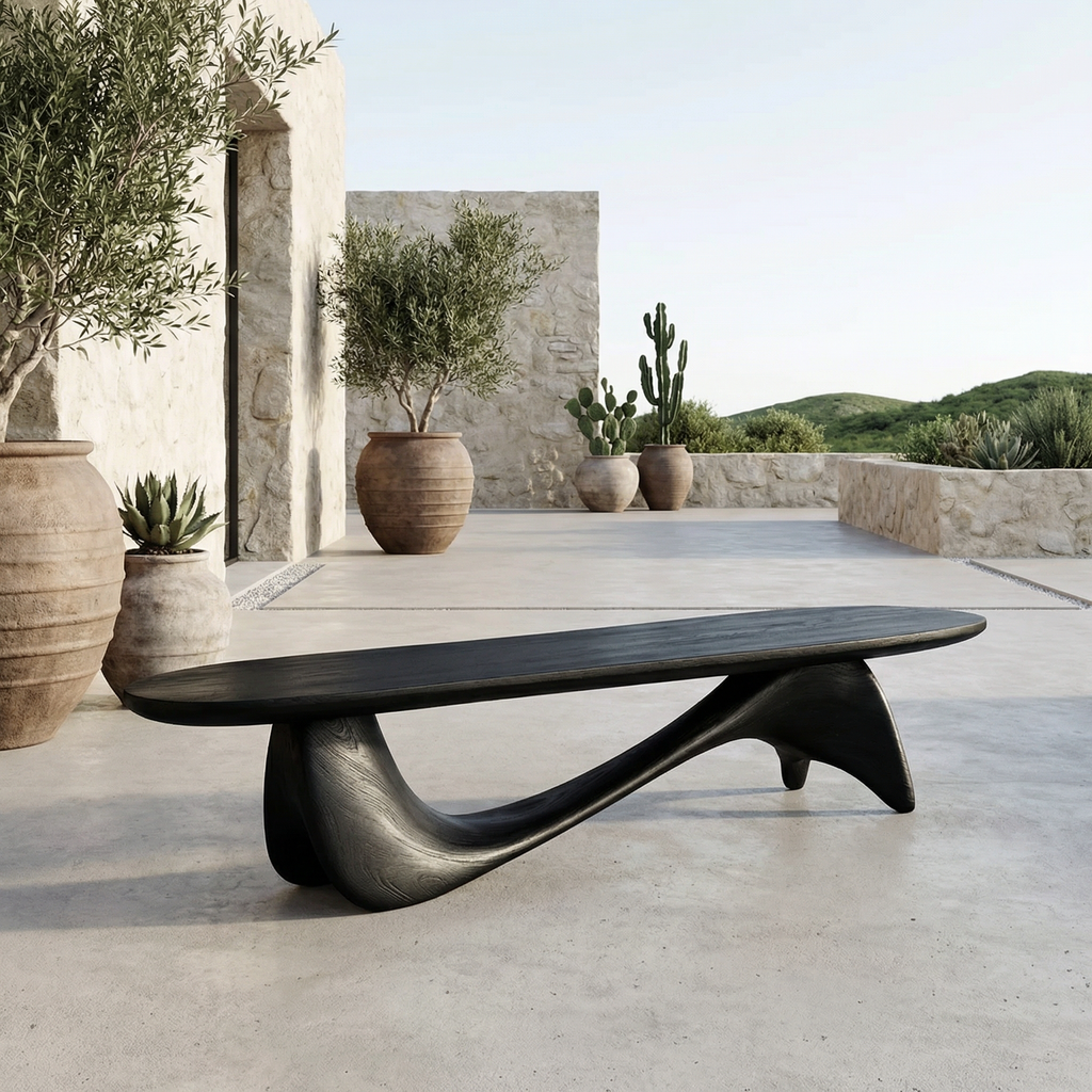 Wave Bench, Curved Solid Wood Sculptural Seat for Entryway
