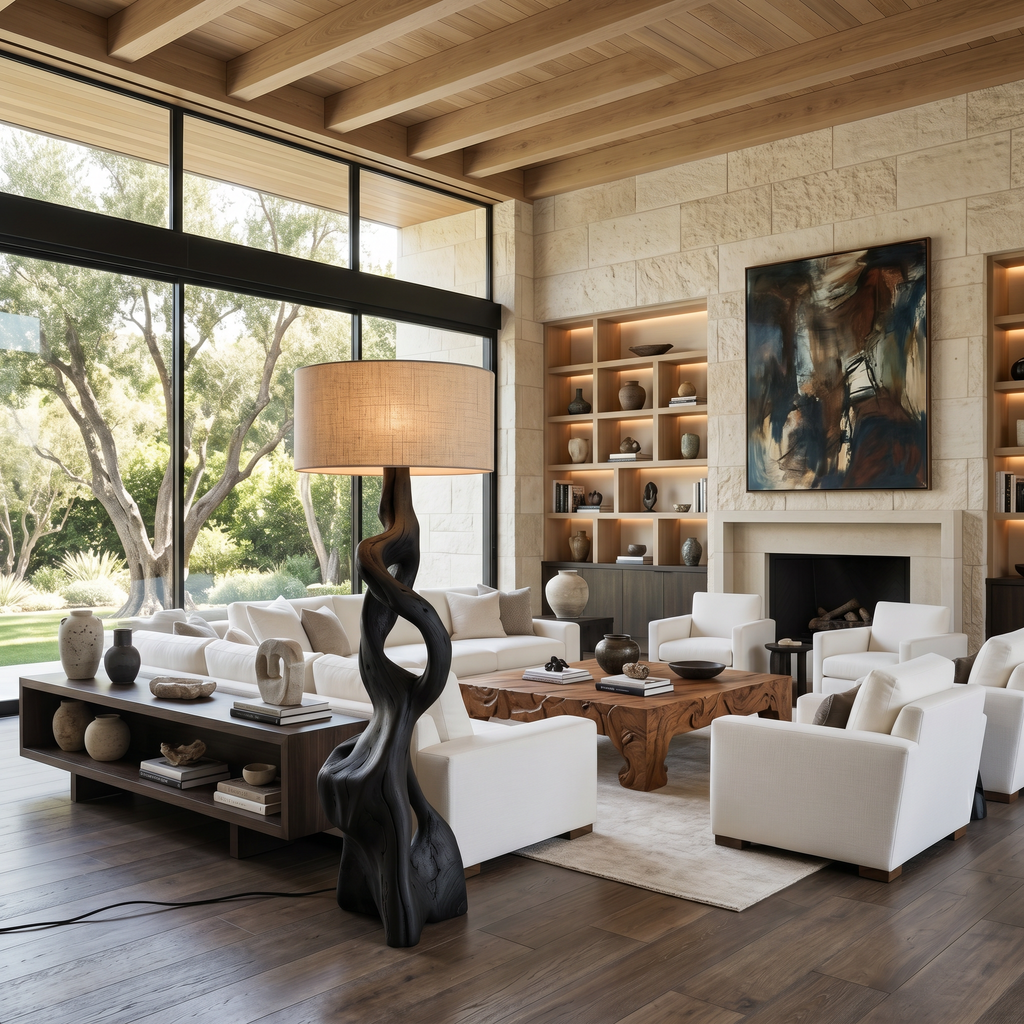 Carved Wood Floor Lamp, Sculptural Twisted Base for Living Room