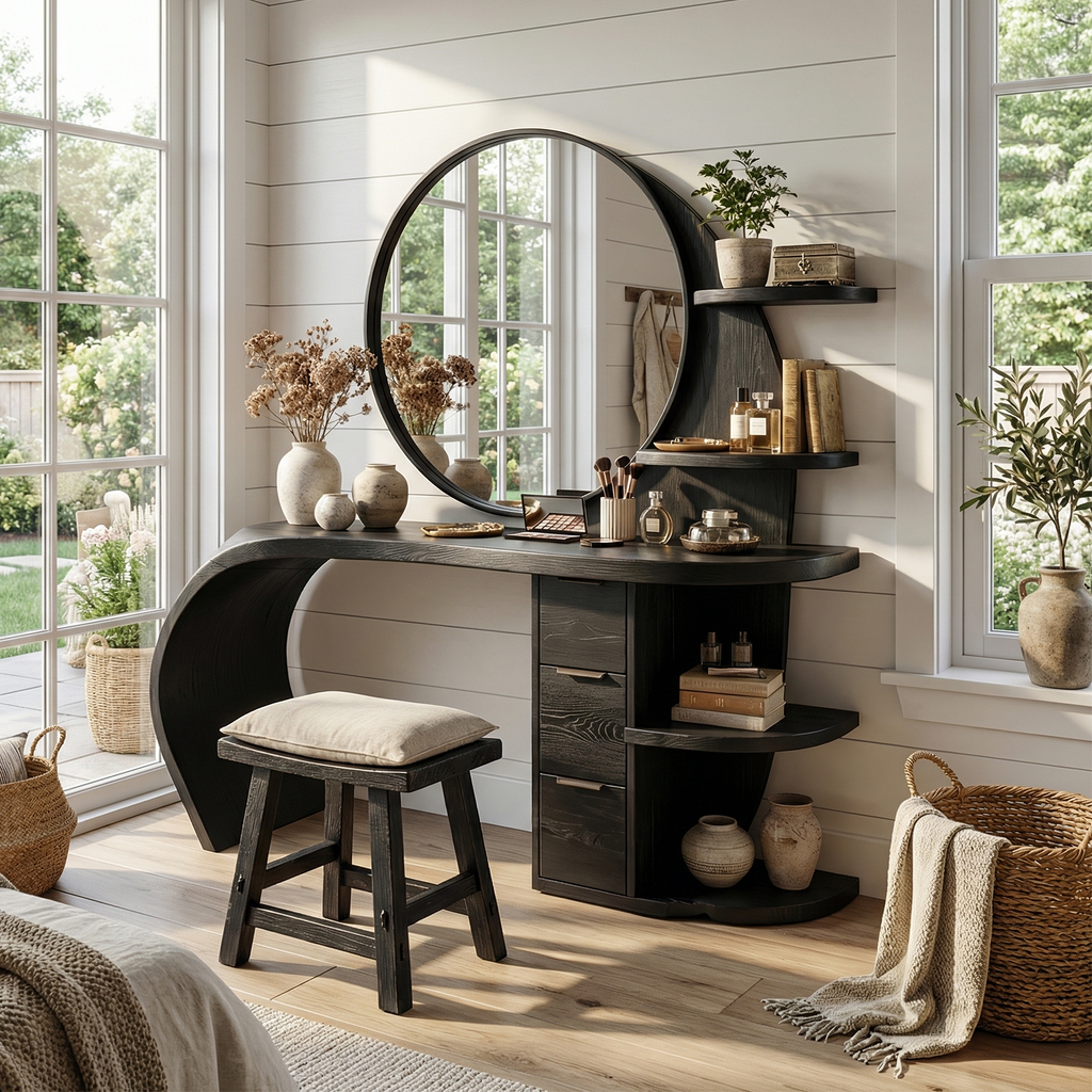 Makeup Vanity Desk, Classic Solid Wood Dressing Table with Shelves