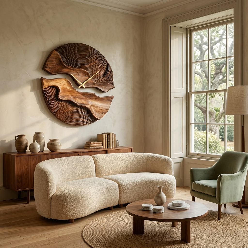 Organic Wooden Wall Clock, Handcrafted Unique Shape Solid Wood Timepiece