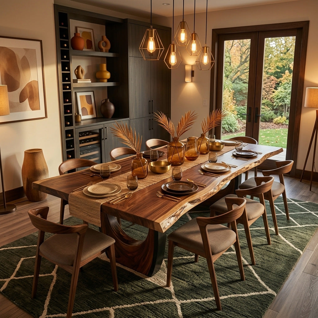 Live Edge Dining Table, Rustic Solid Wood Table with Sculptural Base