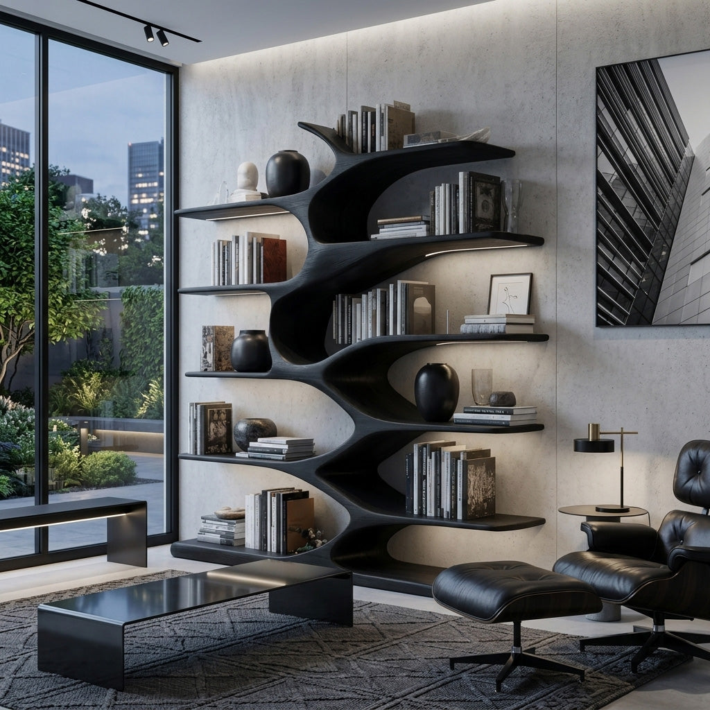 Sculptural Wood Bookshelf, Organic Modern Bookcase for Living Room