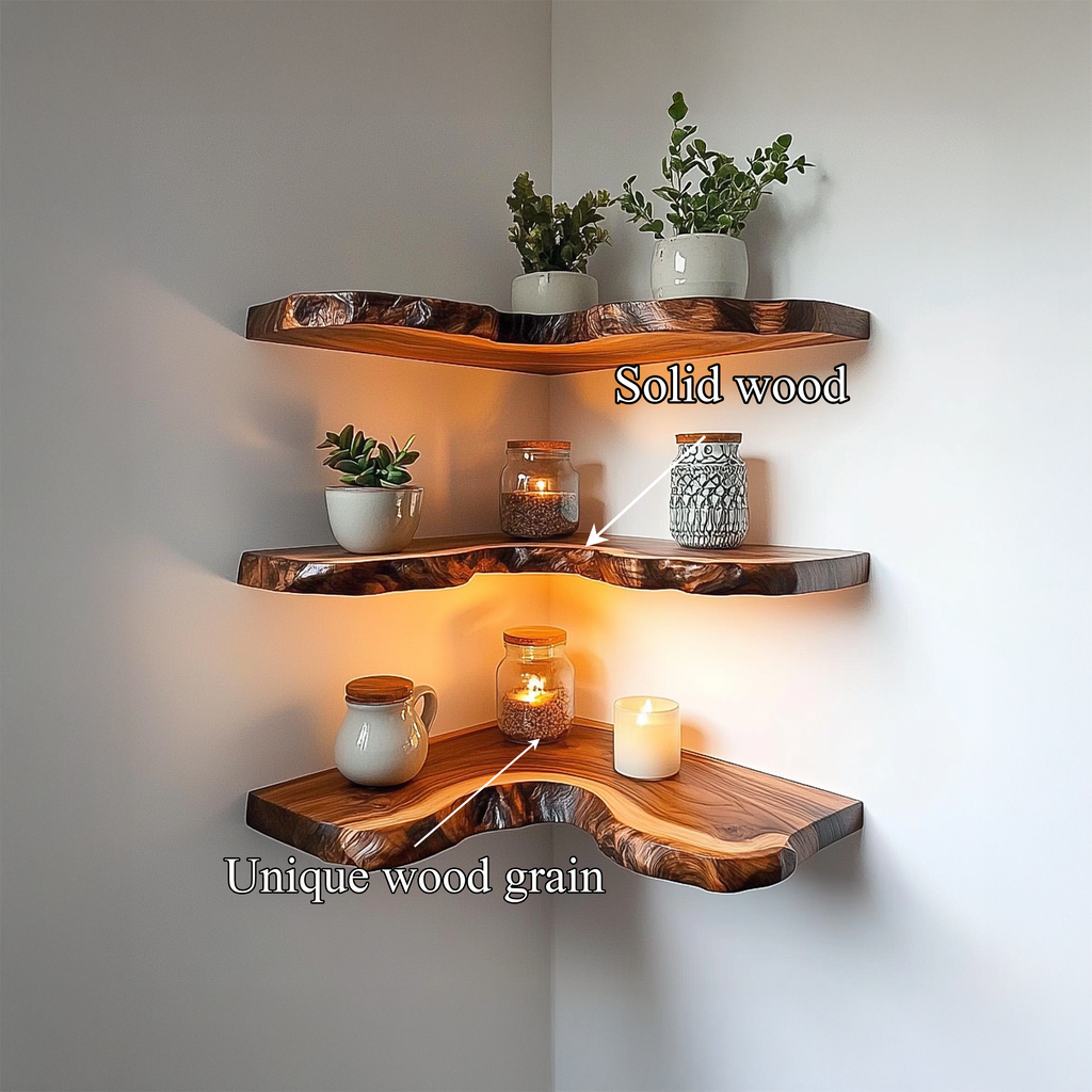 Live Edge Corner Shelf, Rustic Solid Wood Floating Display