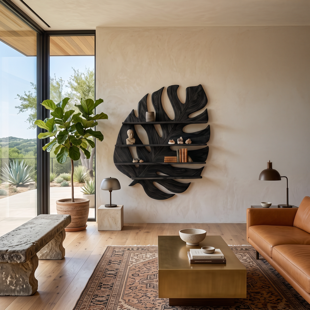 Large Wooden Tropical Leaf Bookshelf For Living Room