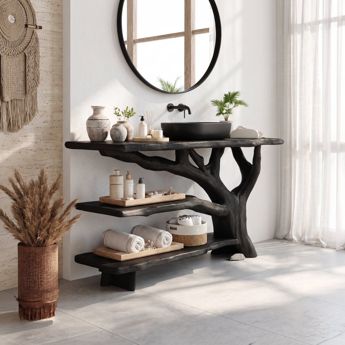Live Edge Bathroom Vanity Console, Modern Solid Wood Sink Stand