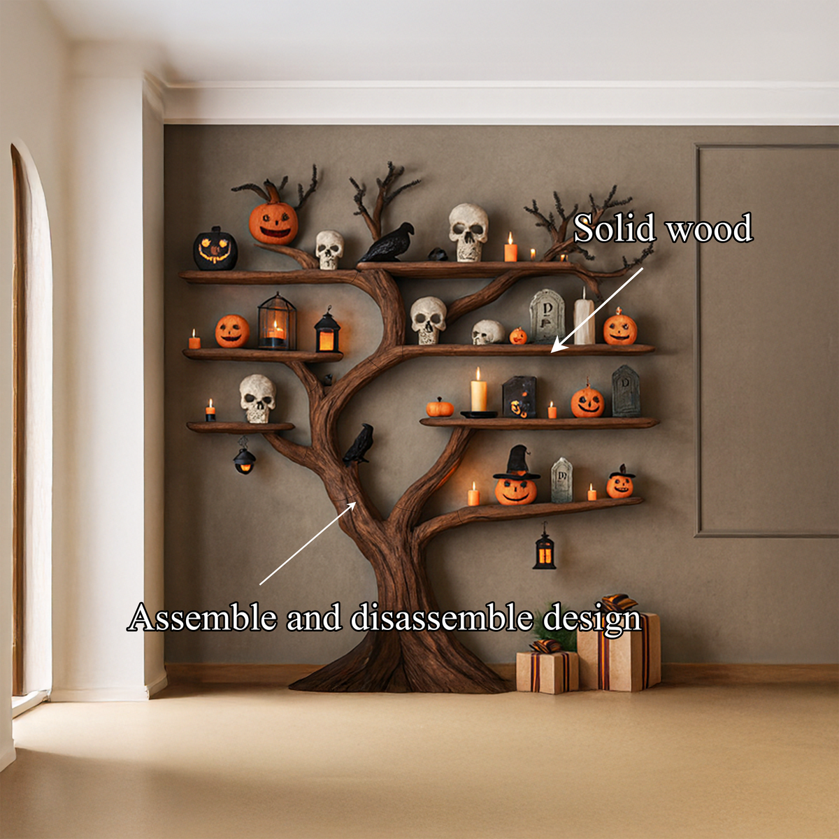 Tree Bookshelf, Rustic Branch Wall Shelf for Entryway or Halloween