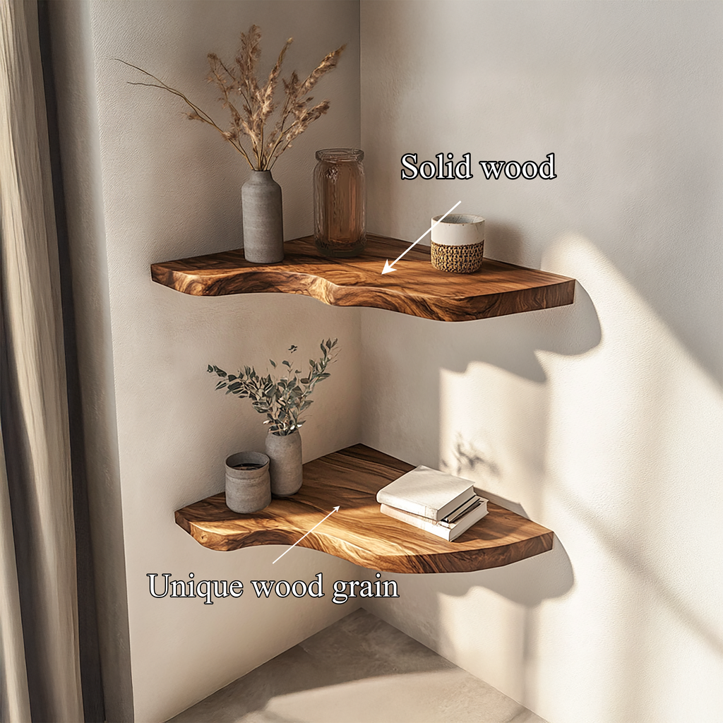 Live Edge Corner Shelf, Sculptural Rustic Solid Wood Floating L-Shelf