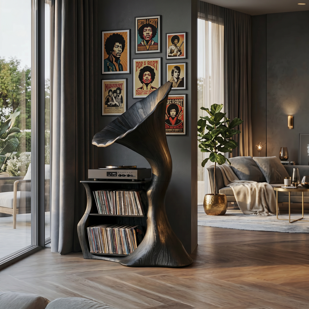 Tall Record Player Stand, Hardwood Cube Vinyl Storage for Living Room