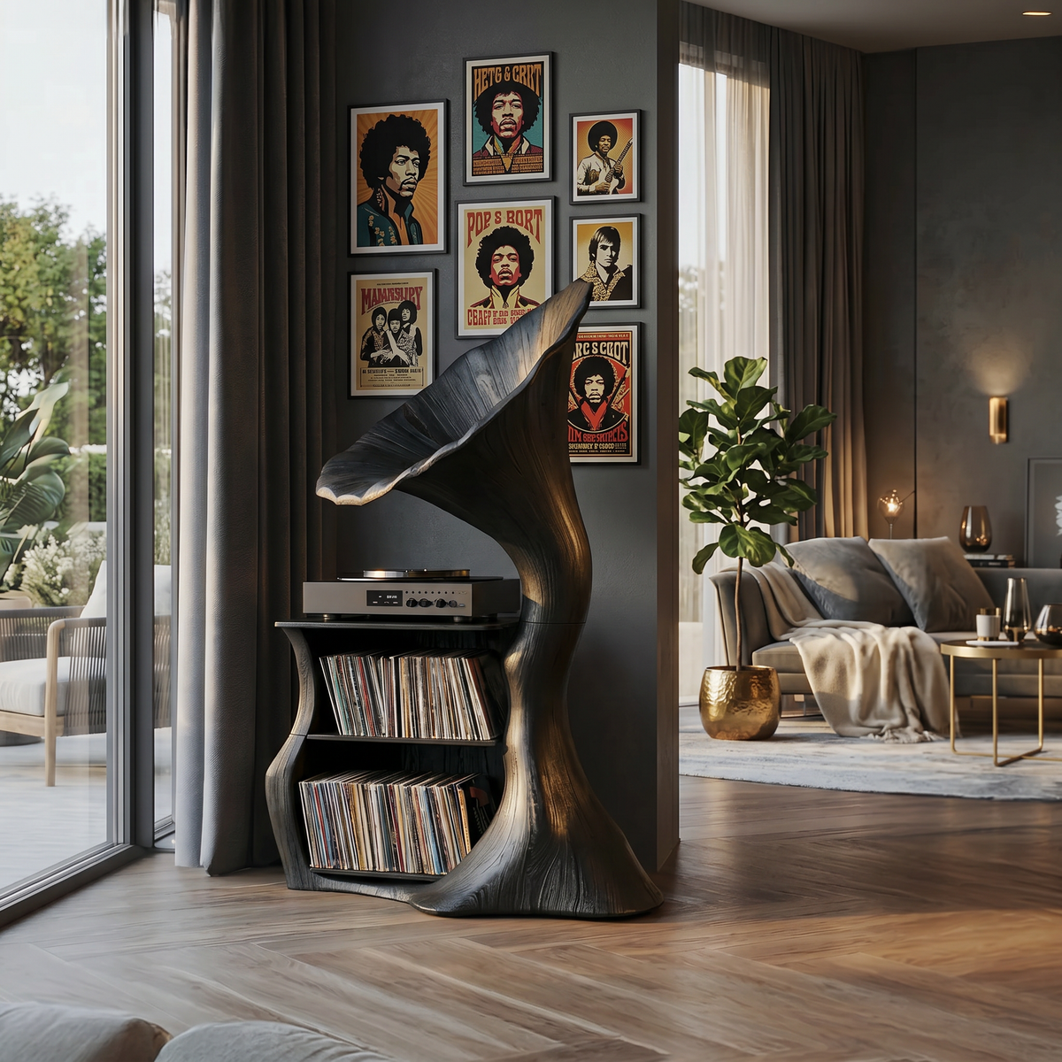 Tall Record Player Stand, Hardwood Cube Vinyl Storage for Living Room