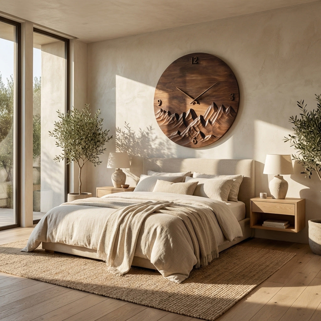 Modern Wall Clock Mountain Landscape, Handcrafted Wooden Hanging Art Timepiece