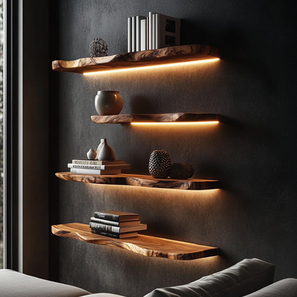 Wood Wall Shelf, Rustic Floating Slab for Living Room or Office