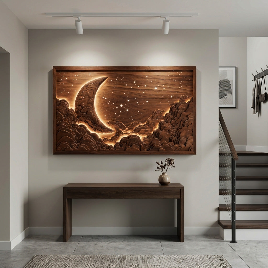 Moon and Stars Wood Wall Art, Hand-Carved Nursery and Bedroom Decor