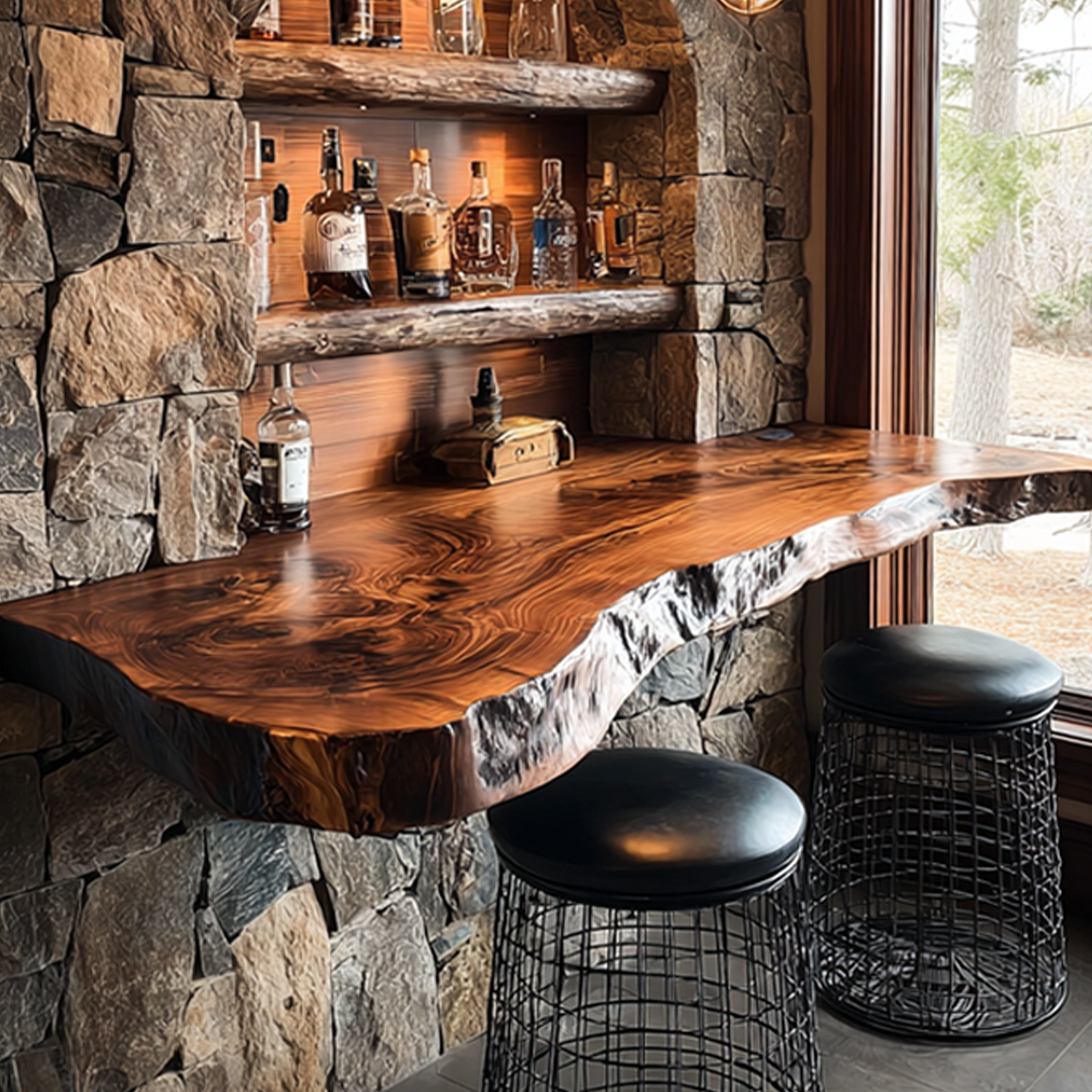 Live Edge Floating Bar Table, Wall-Mounted Solid Wood Dining Shelf