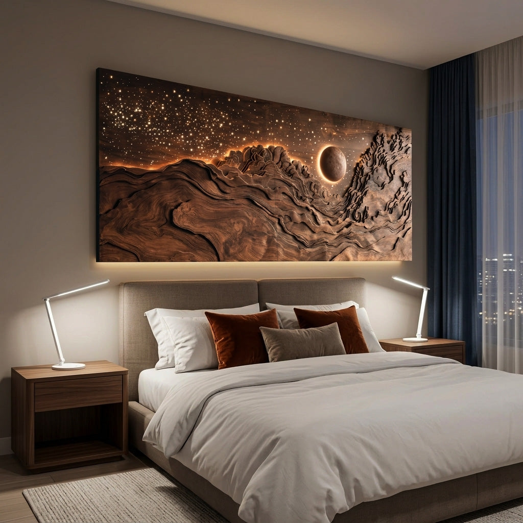 Hand Carved Wood Wall Art With Eclipse Light