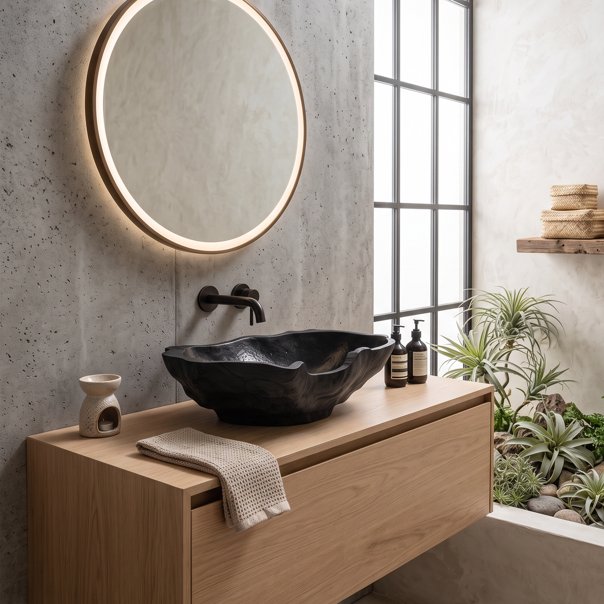 Solid Wood Bathroom Sink, Mid Century Carved Countertop Basin
