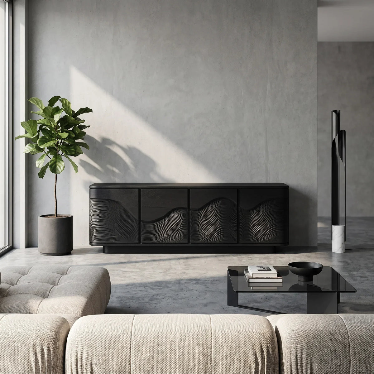Contemporary Flowing Wave Carved Sideboard For Living Room