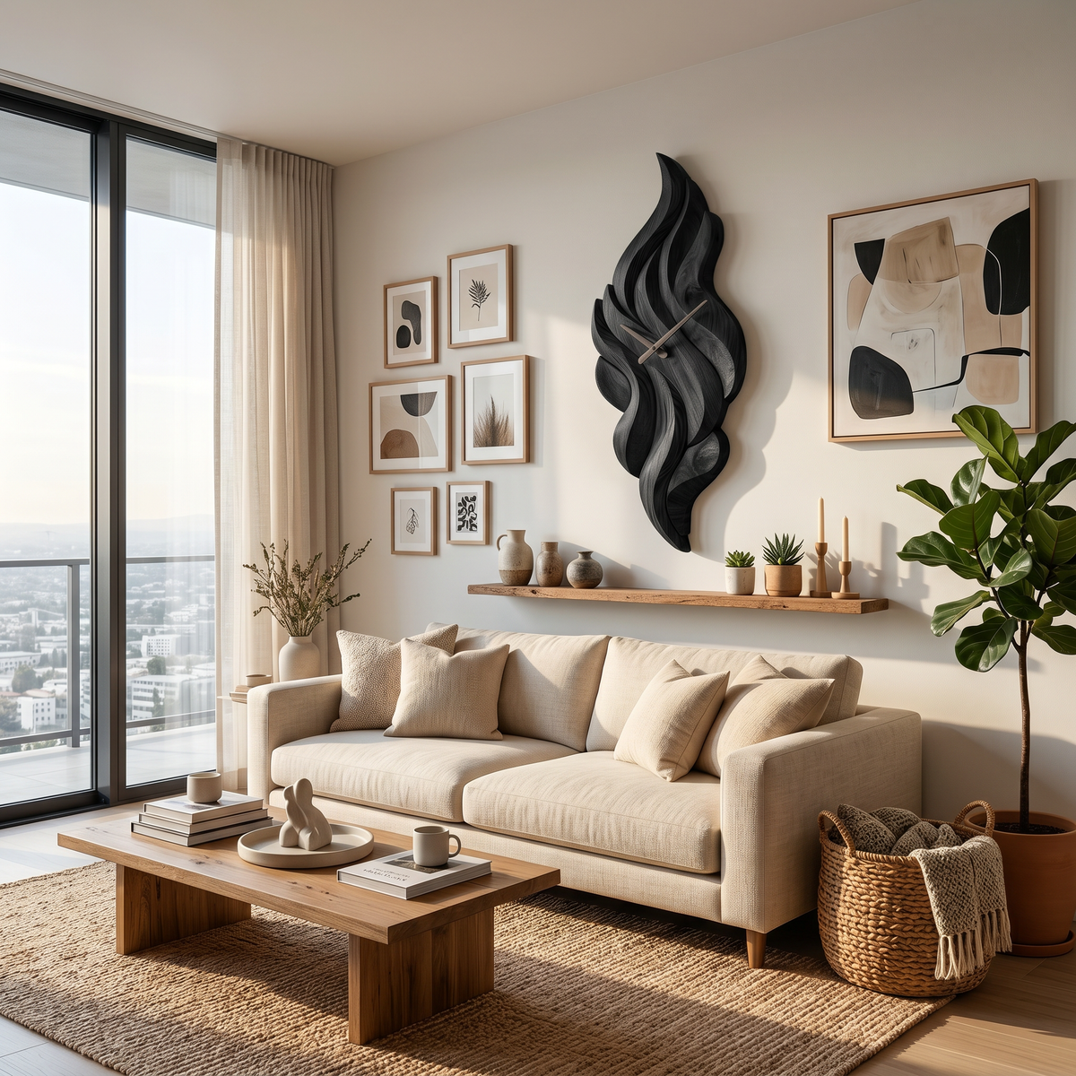 Modern Wooden Wall Clock with Sculptural Wave Carving