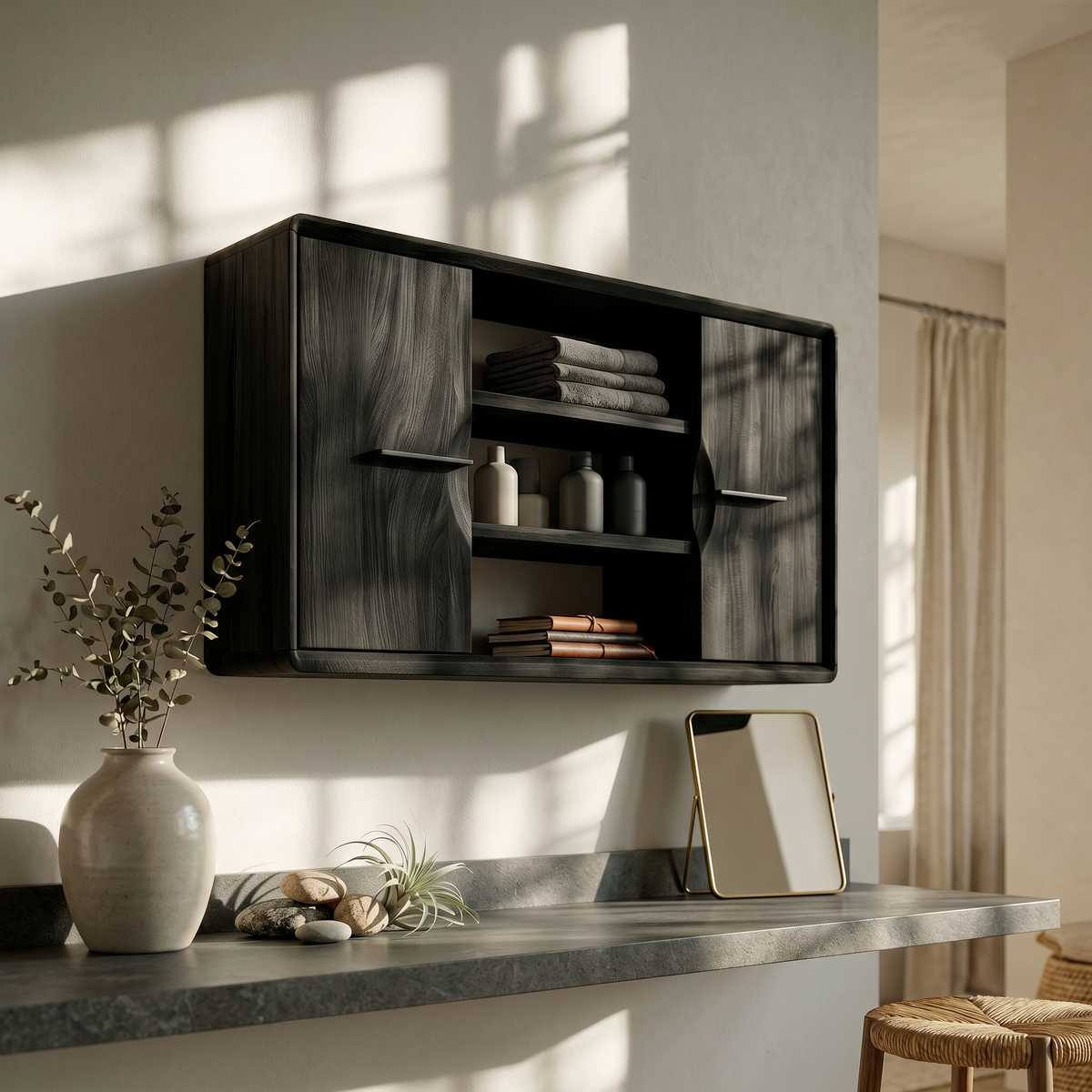 Japandi Solid Wood Open Shelf Bathroom Cabinet