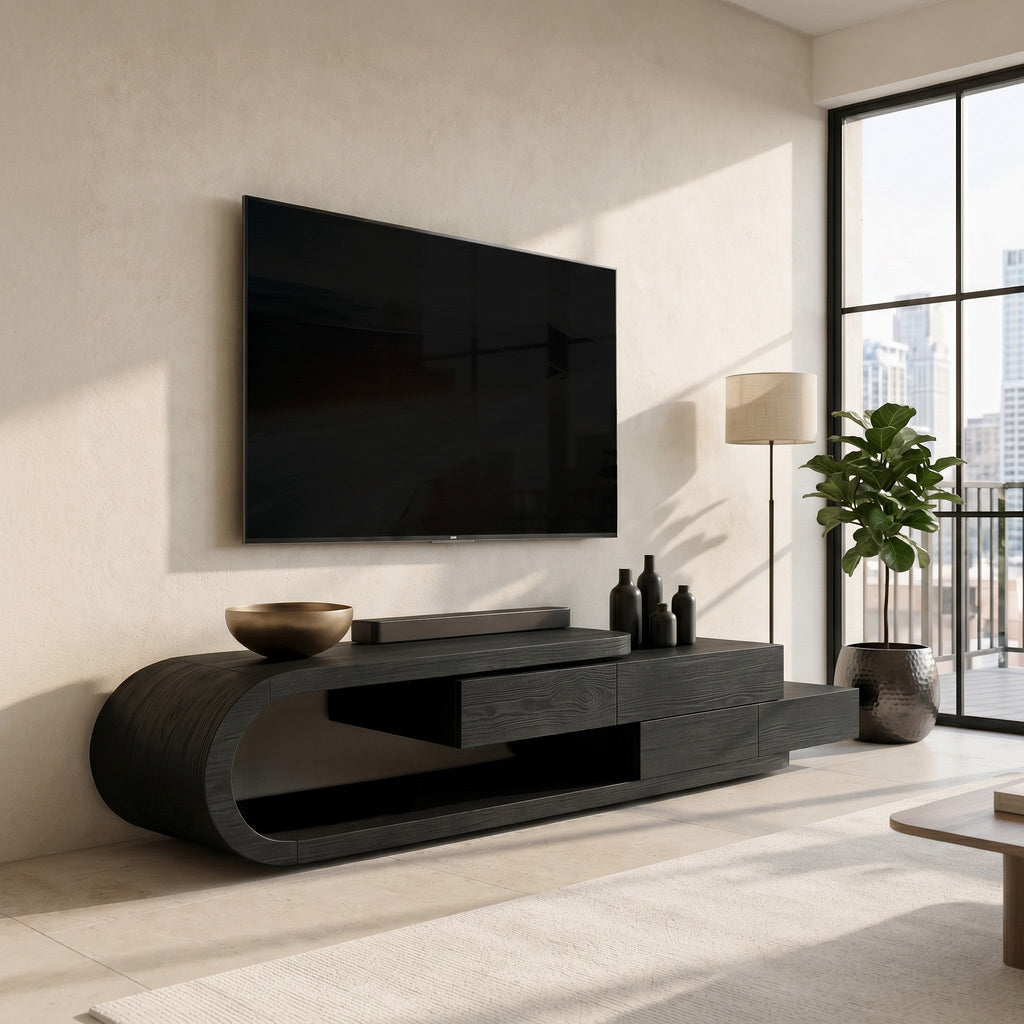 Contemporary Rounded TV Console With 2 Tiers For Living Room