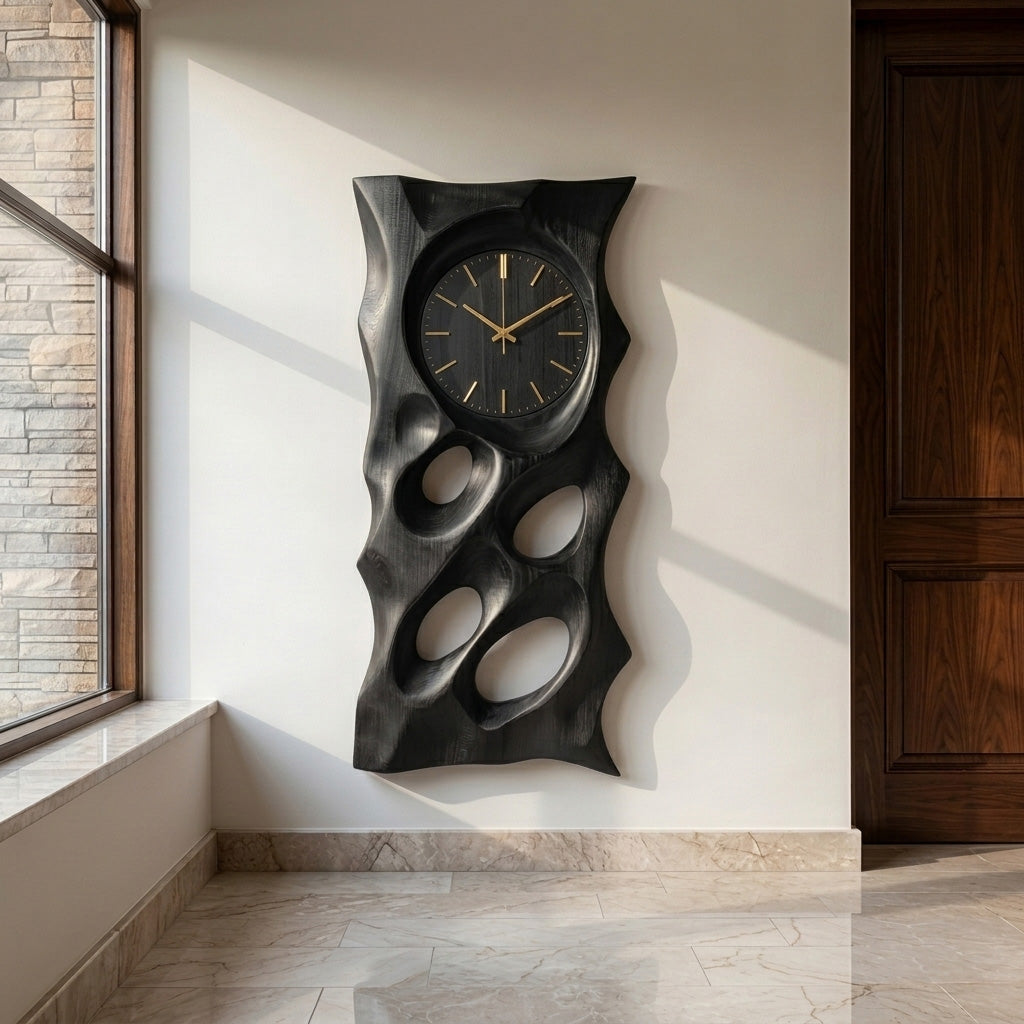 Modern Organic Wooden Wall Clock, 3D Hand-Carved Hollow Wood Hanging Clock
