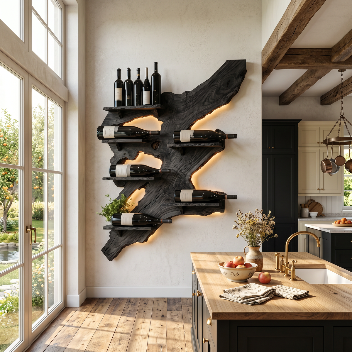 Rustic Wine Rack, Monkey Pod Wood Wall Display for Home Bar