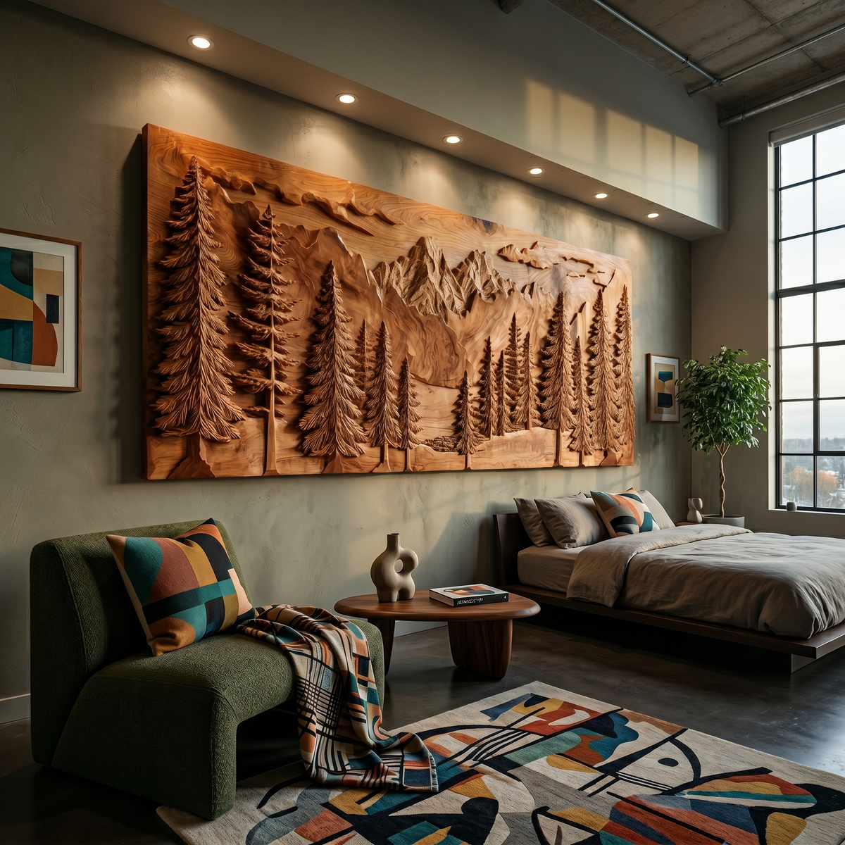 Luxury Carved Pine Forest Wood Wall Art, 3D Handcrafted Woodland Tree Nature Landscape Panel for Cabin Lodge Living Room Decor