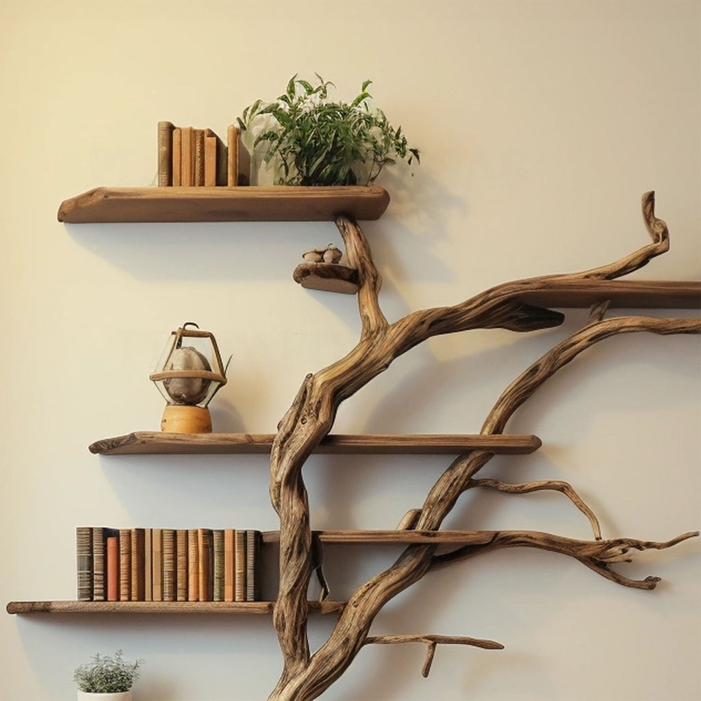Tall Tree Shelf Wall Mount, Wild Mulberry Wood Bookcase in Dark Brown