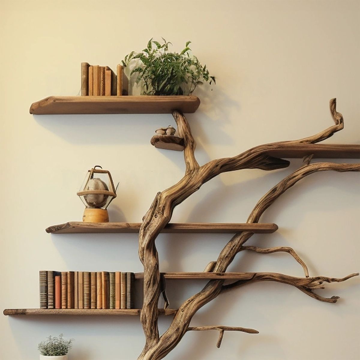 Tall Tree Shelf Wall Mount, Wild Mulberry Wood Bookcase in Dark Brown
