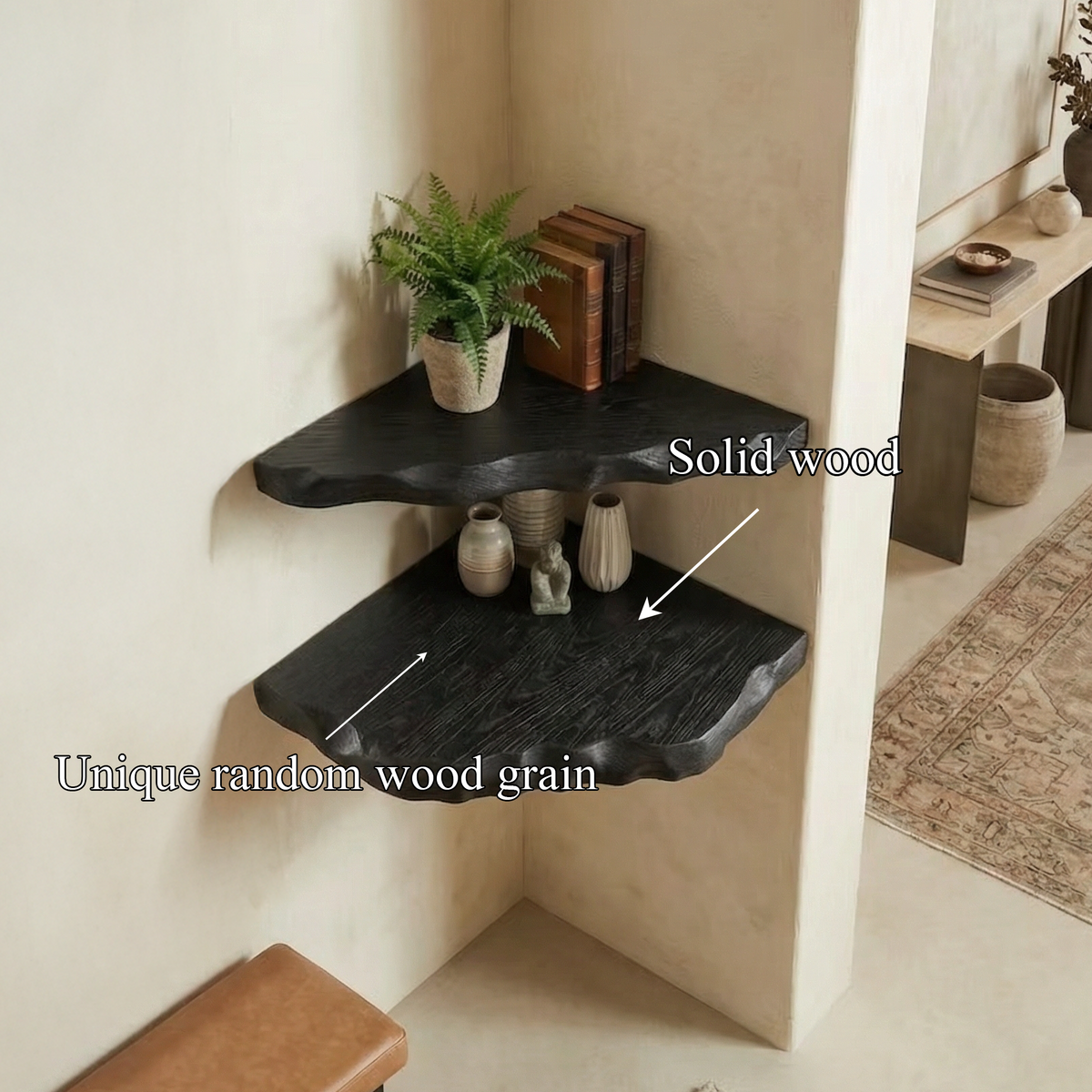Corner Shelf, Black Rustic Solid Wood Wall Mounted Display Rack