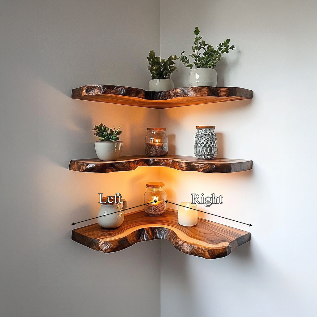 Live Edge Corner Shelf, Rustic Solid Wood Floating Display