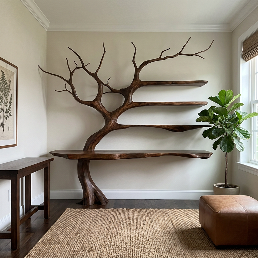 Tree Branch Console Table, Sculptural Solid Wood with Display Shelves