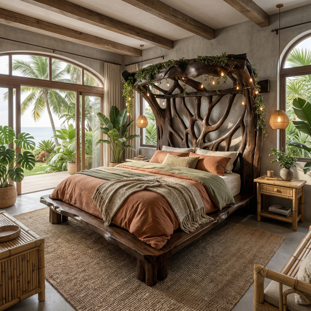 Tree Bed Frame, Rustic Solid Wood Queen or King Bed for Modern Bedroom