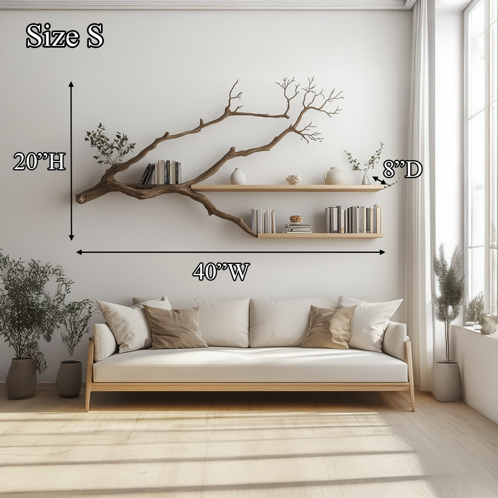 Tree Branch Wall Shelf, Rustic Solid Wood Floating Bookshelf