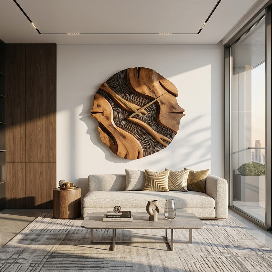 Organic Sculptural Wooden Wall Clock, Modern Abstract Hand-Carved Wood Clock