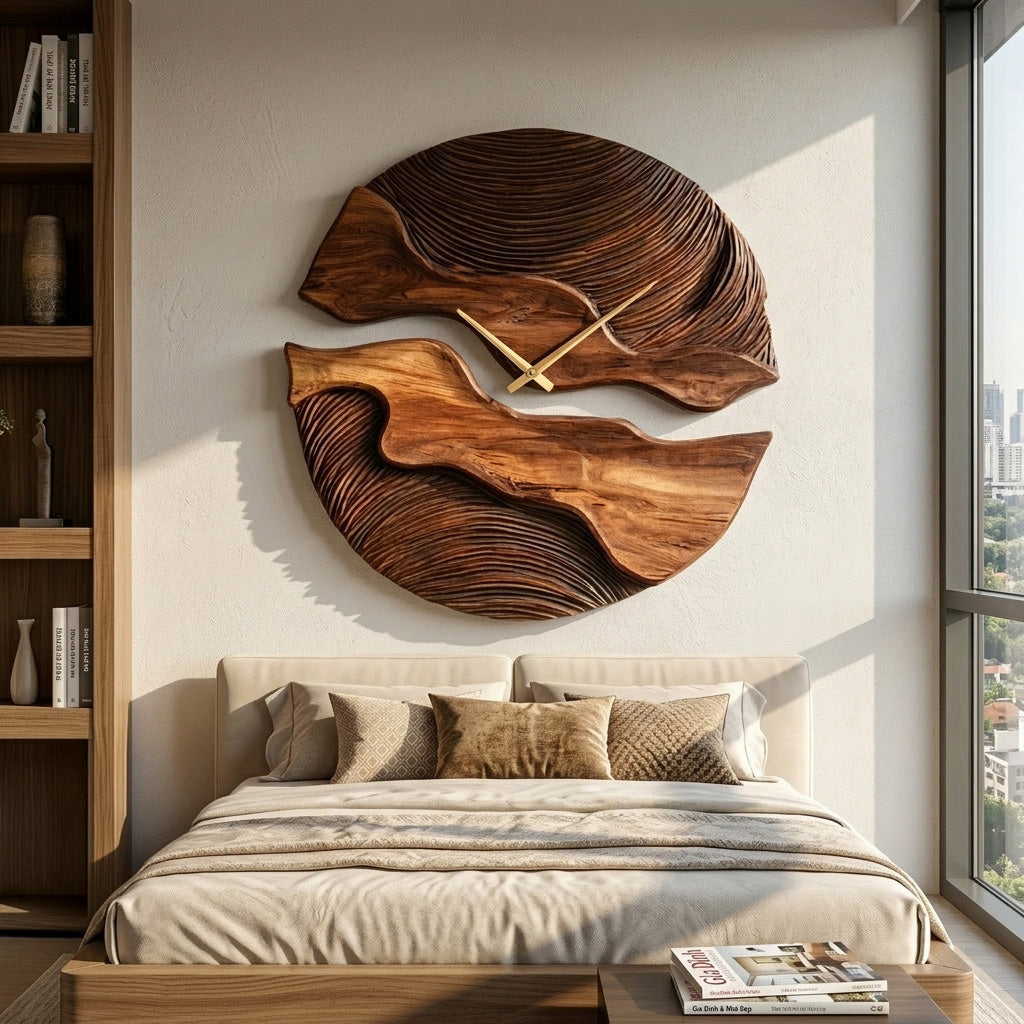 Organic Wooden Wall Clock, Handcrafted Unique Shape Solid Wood Timepiece