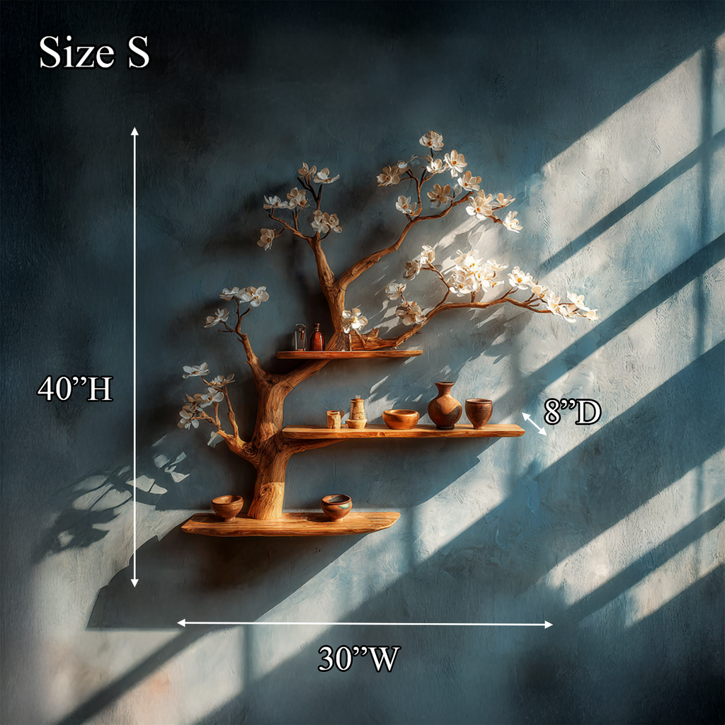 Tree Bookshelf Wall Rack, Modern Rustic Solid Wood for Living Room