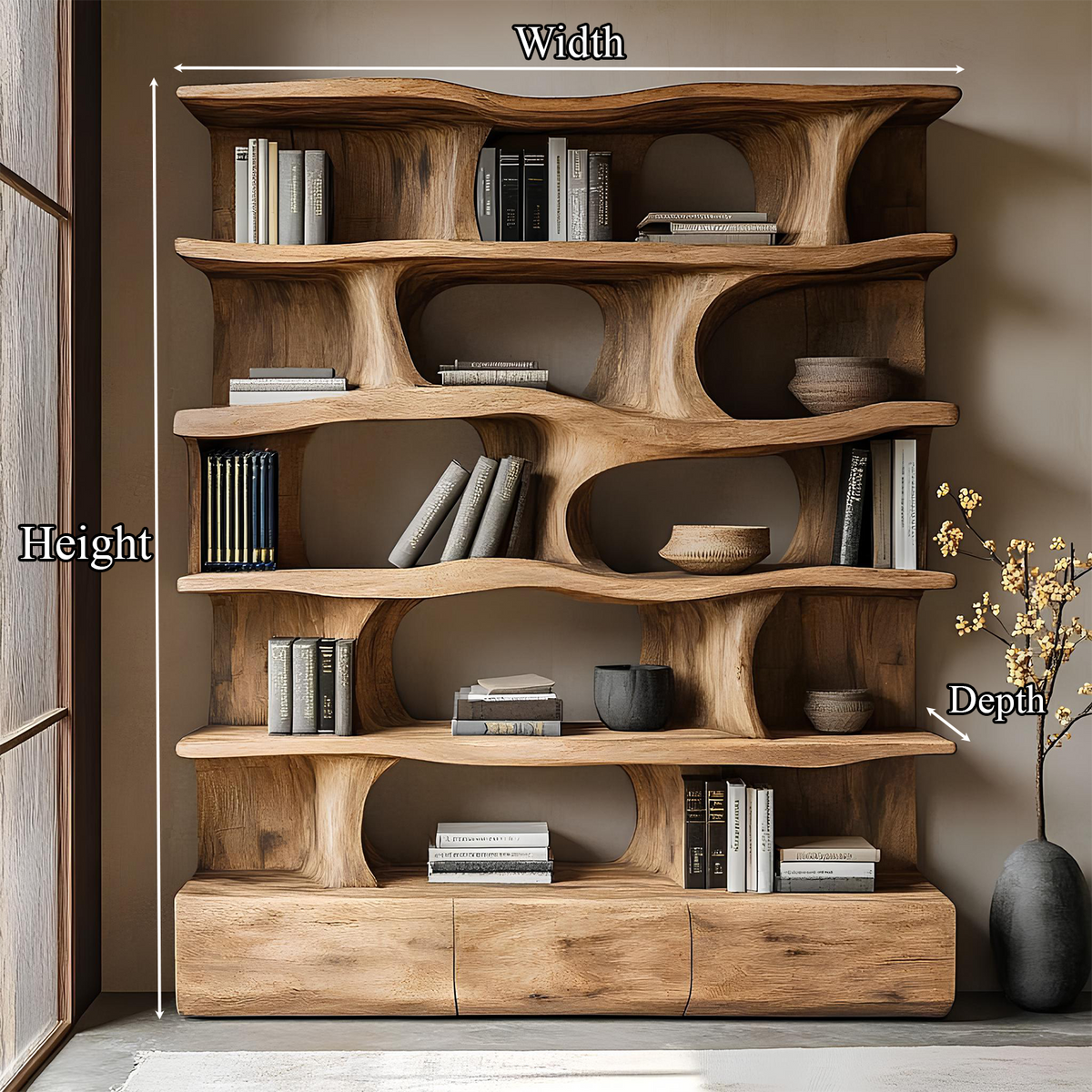 Sculptural Bookshelf, Curved Solid Wood Wall Unit with Drawers